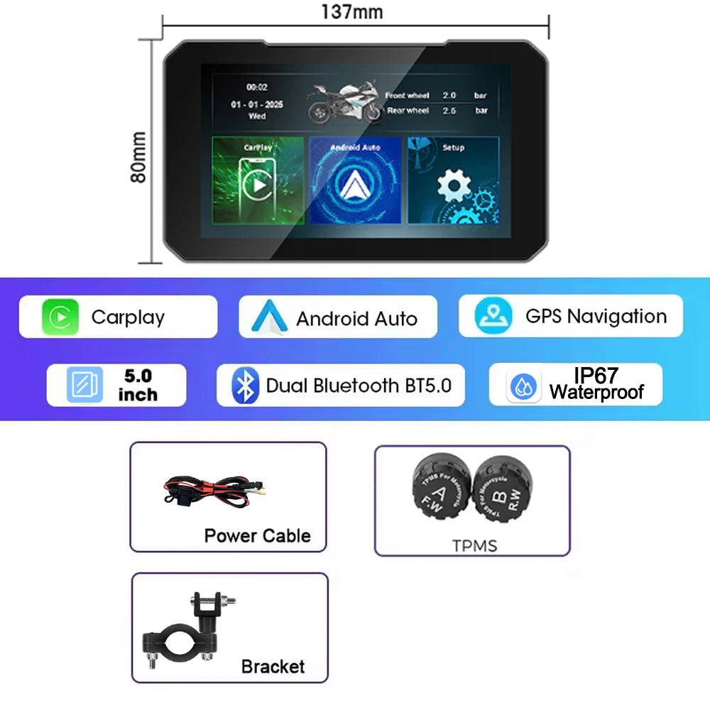 CarPlay Moto 5" HD con Cámara 1080P - Pantalla Táctil Impermeable IP67