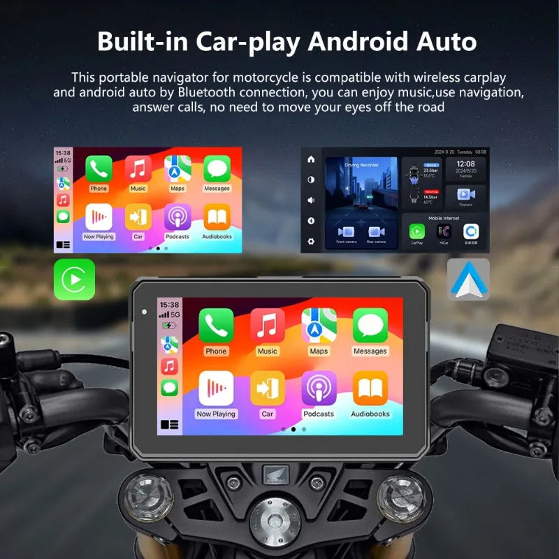CarPlay Inalámbrico Moto 5" - Pantalla Táctil IP67 con Cámara Dual y GPS