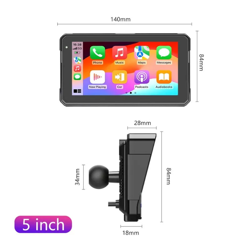 CarPlay Inalámbrico Moto 5" - Pantalla Táctil IP67 con Cámara Dual y GPS