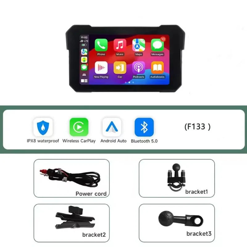 CarPlay Inalámbrico Moto 5" - Pantalla Táctil IP67 con Cámara Dual y GPS