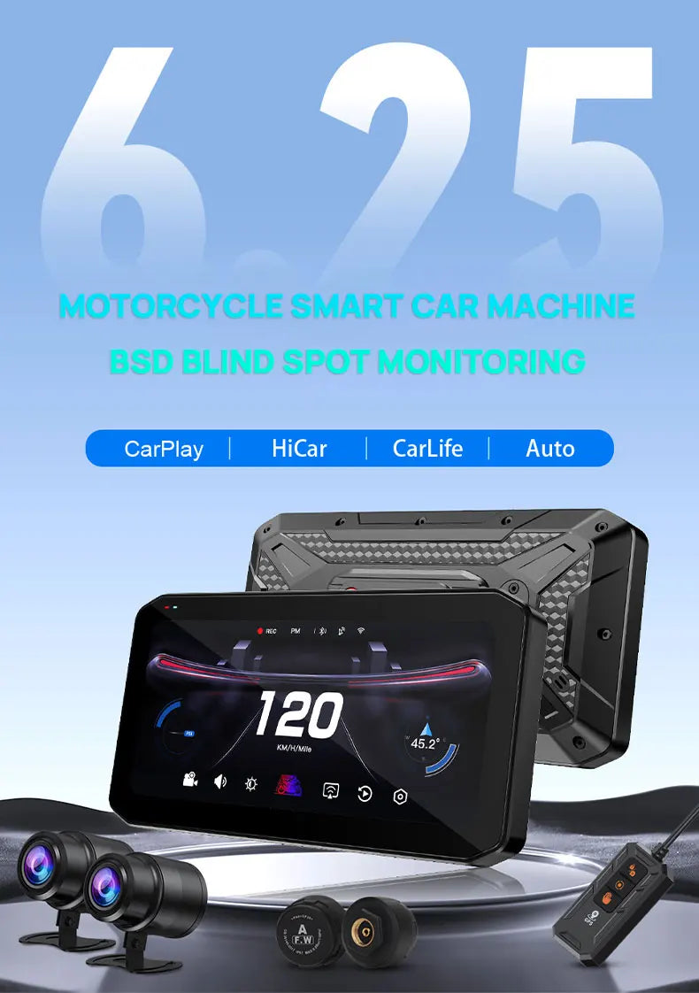 CarPlay Moto 6.25" Karadar T7 - Cámara HD, TPMS y Detección Punto Ciego