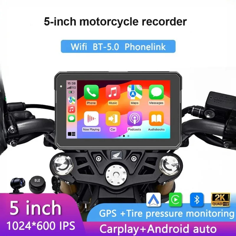 CarPlay Inalámbrico Moto 5" - Pantalla Táctil IP67 con Cámara Dual y GPS