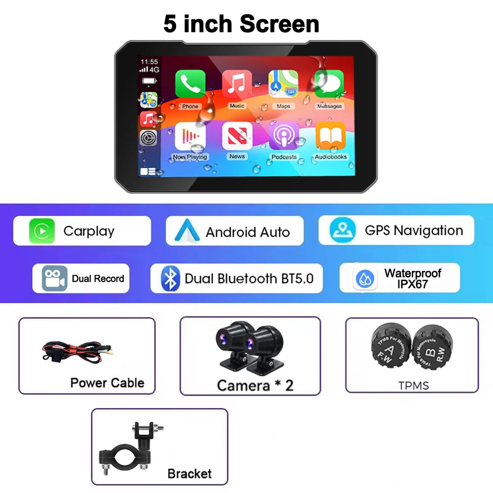 CarPlay Moto 5" HD con Cámara 1080P - Pantalla Táctil Impermeable IP67