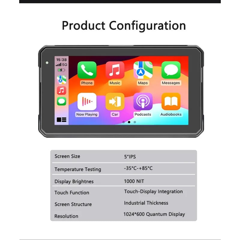 CarPlay Inalámbrico Moto 5" - Pantalla Táctil IP67 con Cámara Dual y GPS