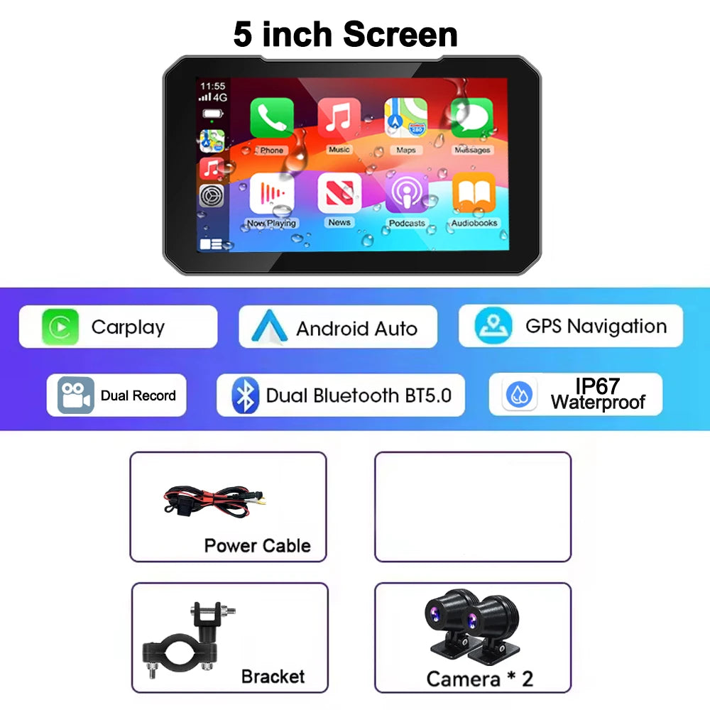 CarPlay Moto 5" HD con Cámara 1080P - Pantalla Táctil Impermeable IP67