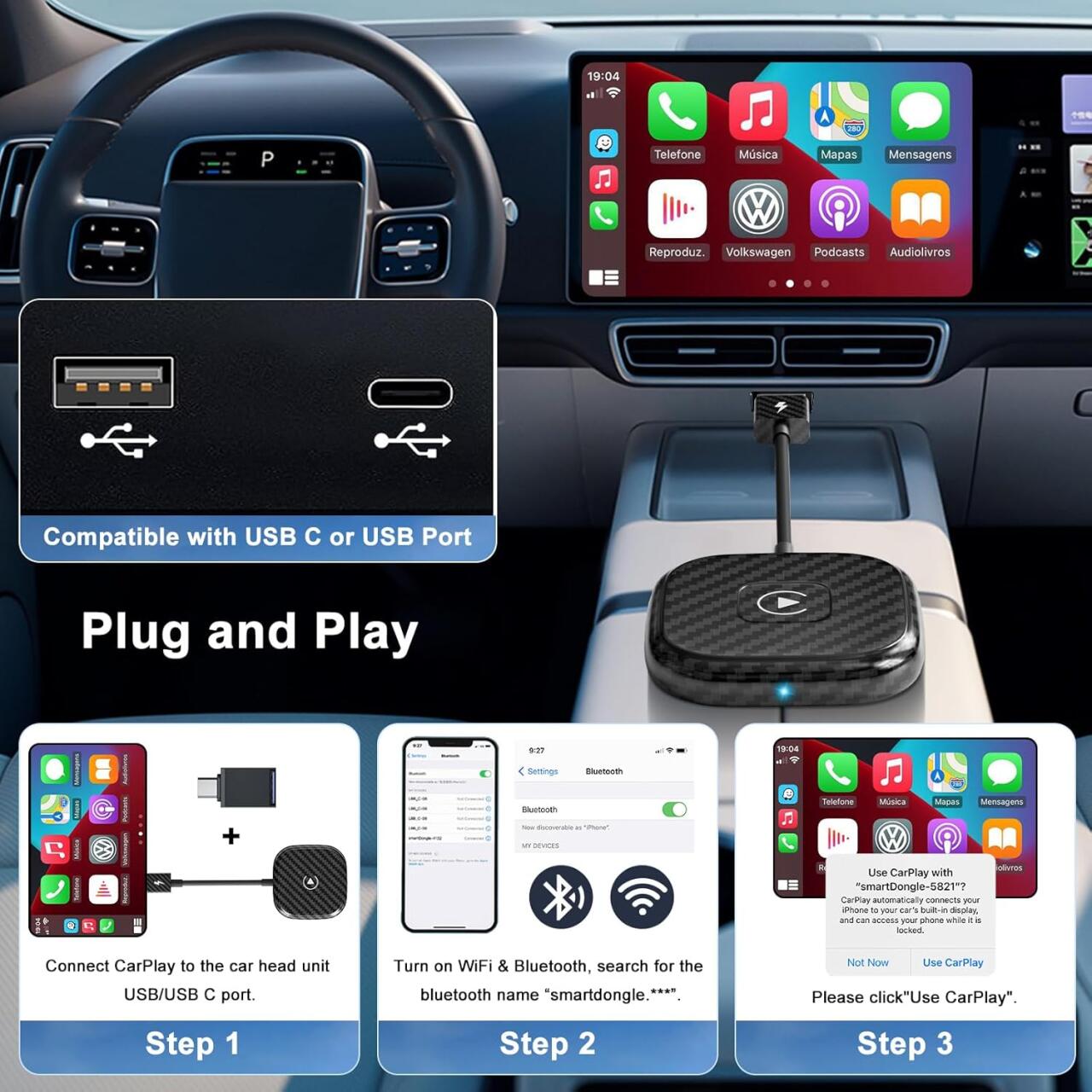 Adaptador CarPlay Inalámbrico para iPhone - Plug & Play Universal