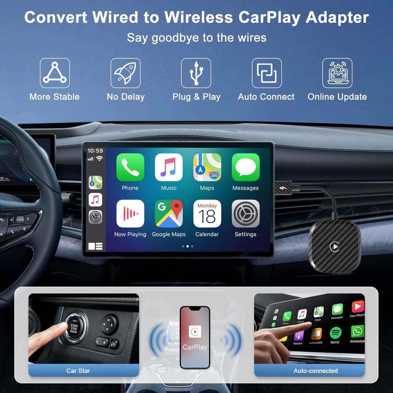 Adaptador CarPlay Inalámbrico para iPhone - Plug & Play Universal